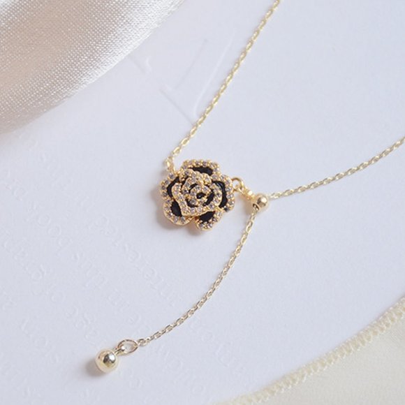 NEW 14K Gold Plated Diamond Camelia Necklace - Picture 1 of 8